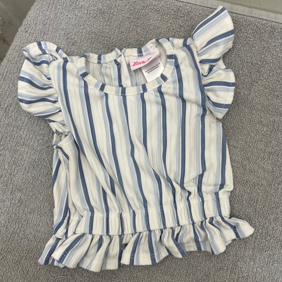 Little Lass Baby Girls Blue White Striped Ribbed Ruffle Short Set 12M RN167639 - Picture 2 of 8